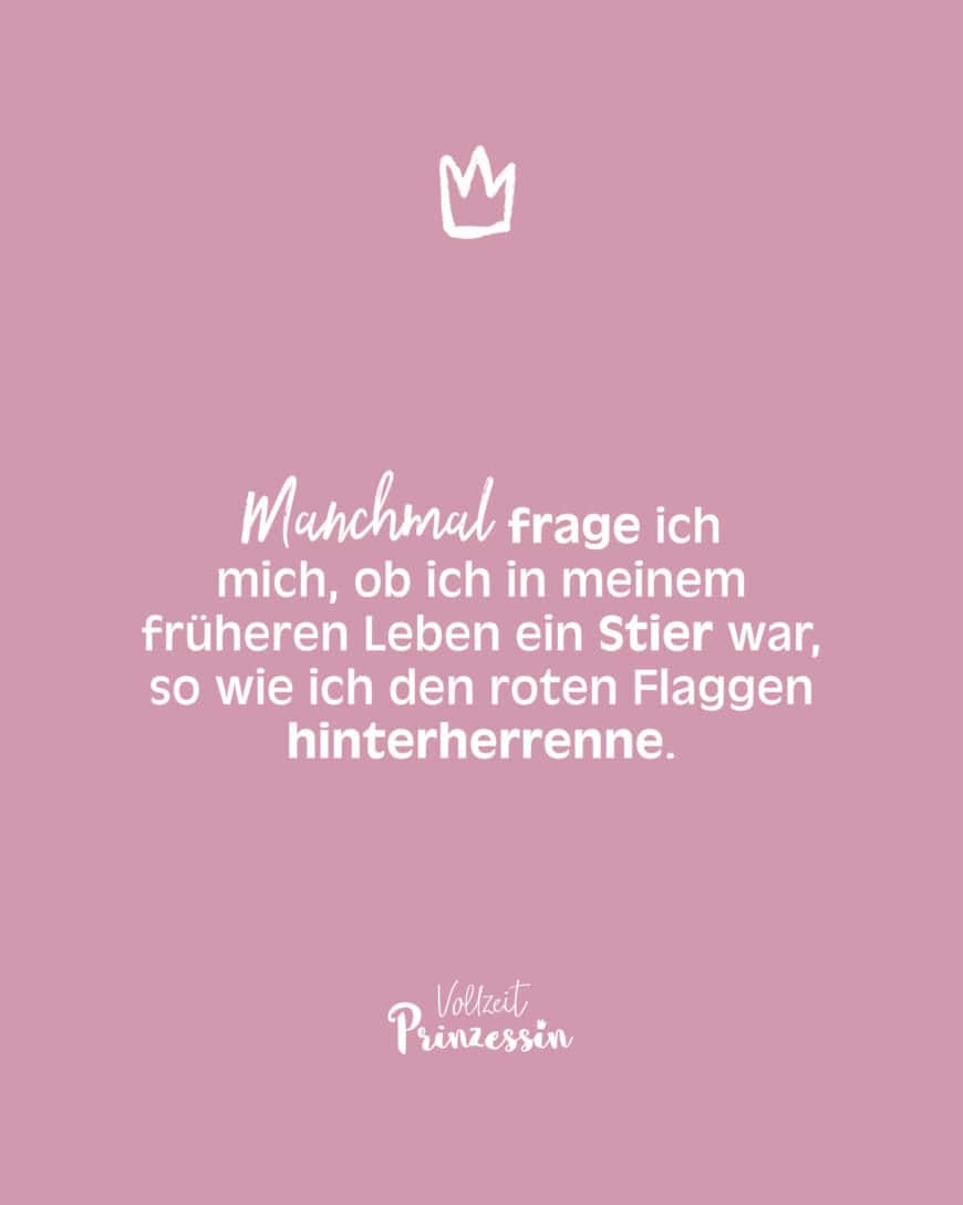 Manchmal frage ich mich, ob ich in meinem früheren Leben ein Stier war, so wie ich den roten Flaggen hinterherrenne.