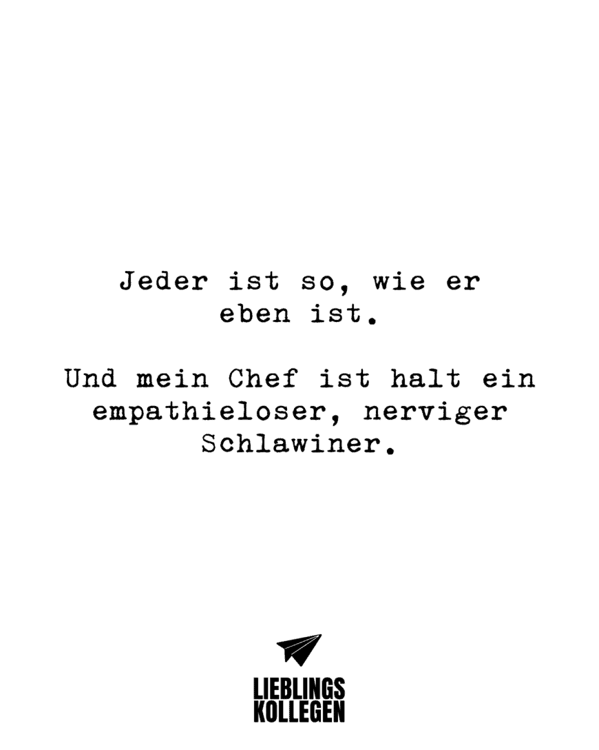 Jeder ist so, wie er eben ist. Und mein Chef ist halt ein empathieloser, nerviger Schlawiner.