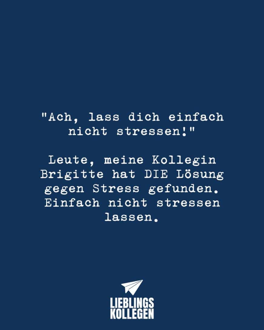 Ach, lass dich einfach nicht stressen!” Leute, meine Kollegin Brigitte hat DIE Lösung gegen Stress gefunden. Einfach nicht stressen lassen.