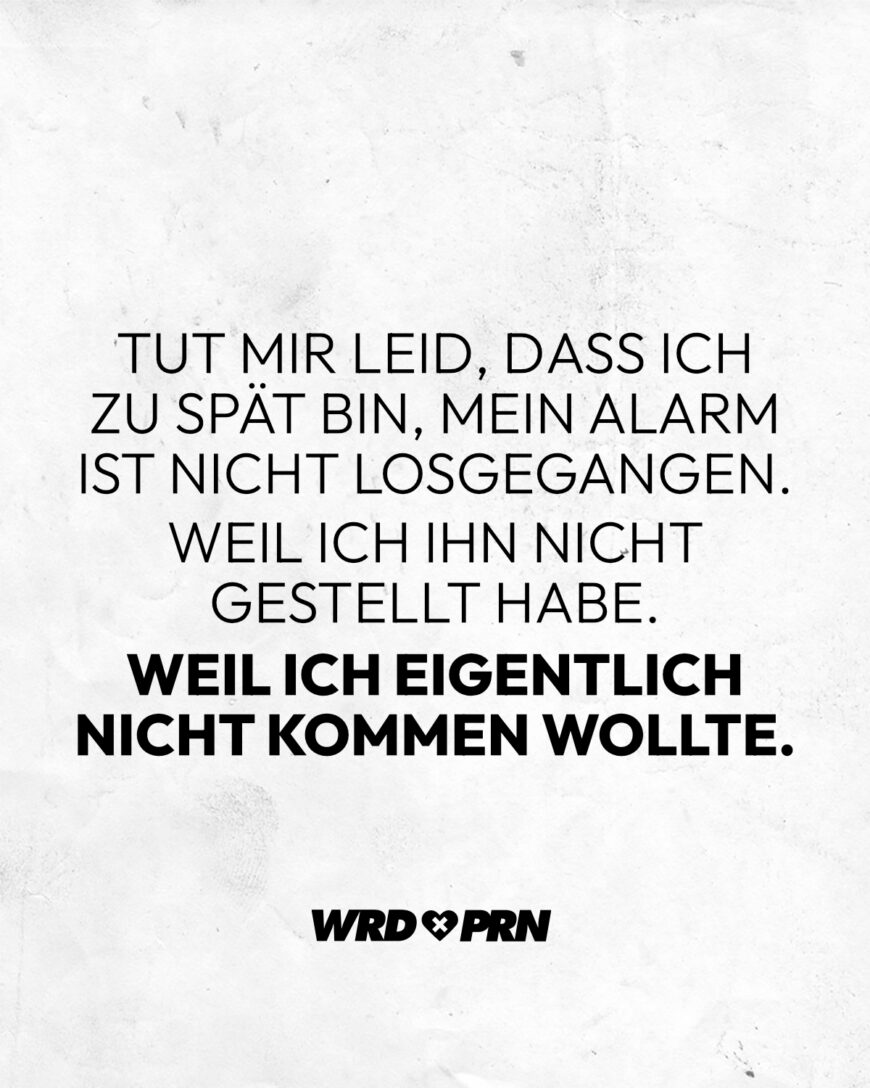 Tut mir leid, dass ich zu spät bin, mein Alarm ist nicht losgegangen. Weil ich ihn nicht gestellt habe. Weil ich eigentlich nicht kommen wollte.