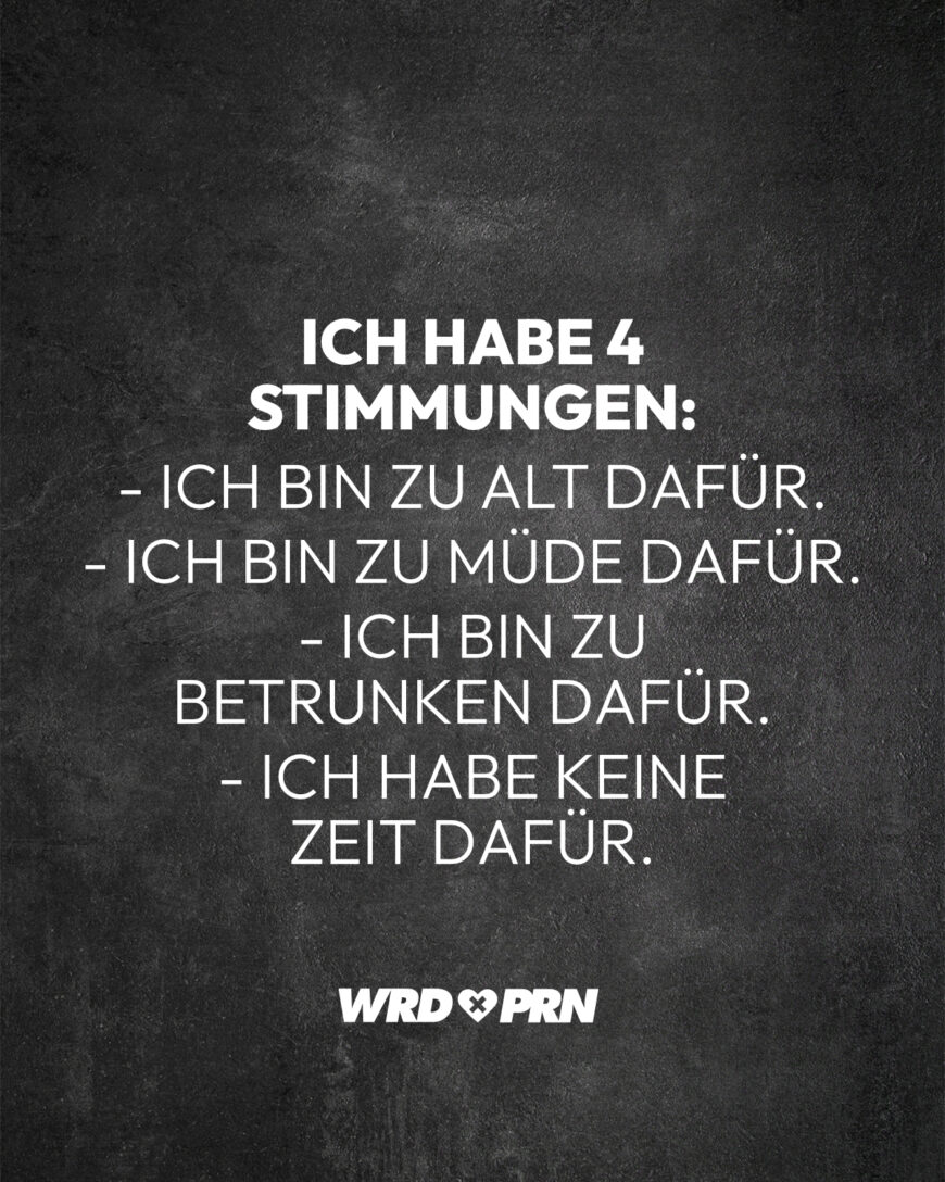 Ich habe 4 Stimmungen: - Ich bin zu alt dafür. - Ich bin zu müde dafür. - Ich bin zu betrunken dafür. - Ich habe keine Zeit dafür.