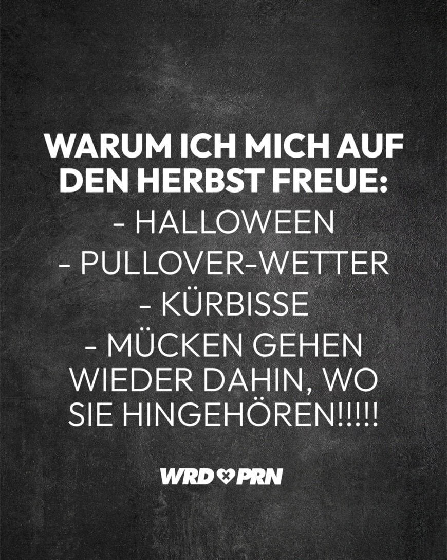 Warum ich mich auf den Herbst freue: - Halloween - Pullover-Wetter - Kürbisse - Mücken gehen wieder dahin, wo sie hingehören!!!!!