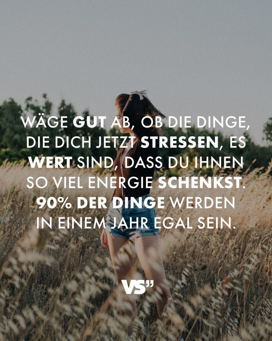 Wäge gut ab, ob die Dinge, die dich jetzt stressen, es wert sind, dass du ihnen so viel Energie schenkst. 90% der Dinge werden in einem Jahr egal sein.