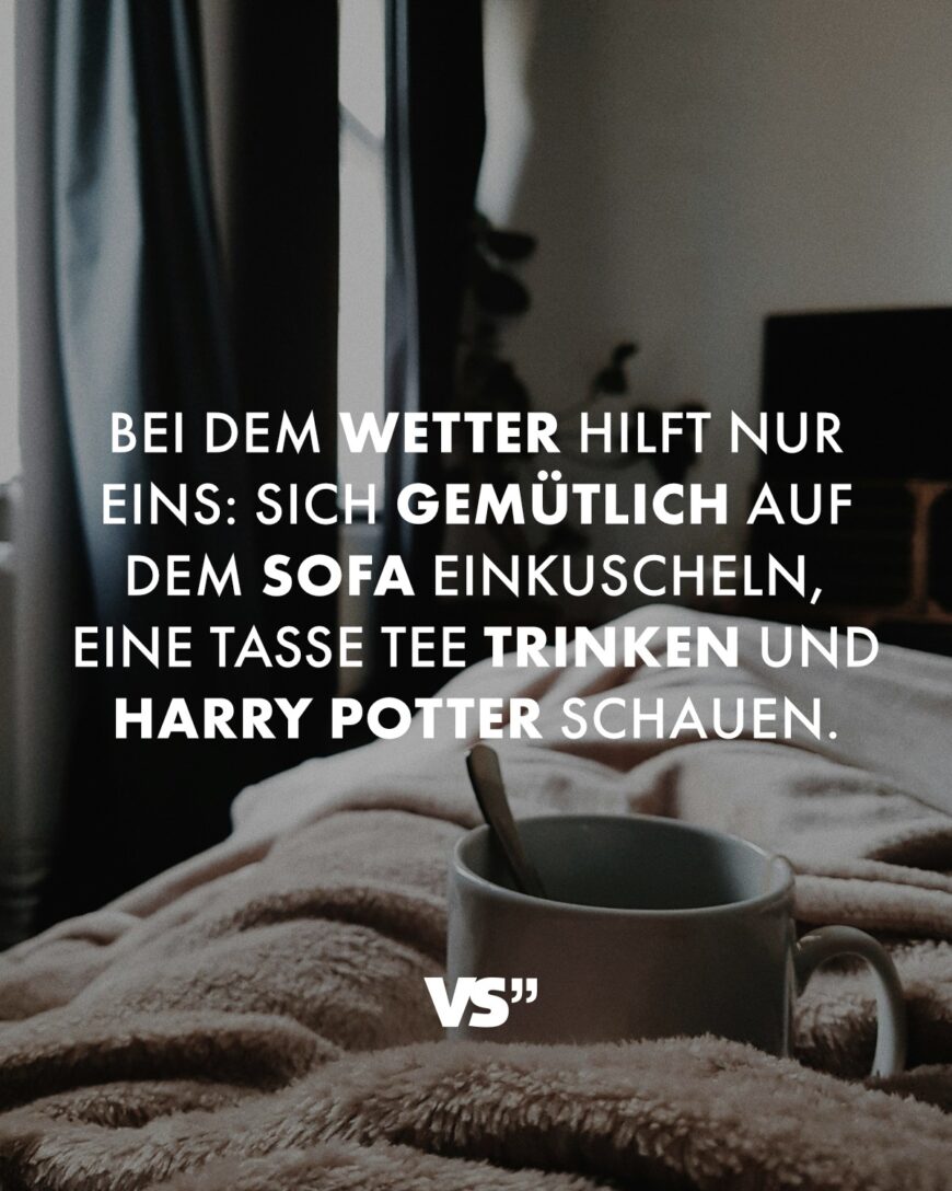 Bei dem Wetter hilft nur eins: sich gemütlich auf dem Sofa einkuscheln, eine Tasse Tee trinken und Harry Potter schauen.