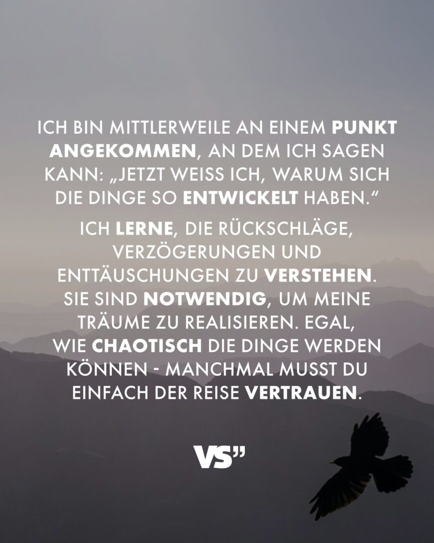 Ich bin mittlerweile an einem Punkt angekommen, an dem ich sagen kann: „Jetzt weiß ich, warum sich die Dinge so entwickelt haben.“. Ich lerne, die Rückschläge, Verzögerungen und Enttäuschungen zu verstehen. Sie sind notwendig, um meine Träume zu realisieren. Egal, wie chaotisch die Dinge werden können - manchmal musst du einfach der Reise vertrauen.