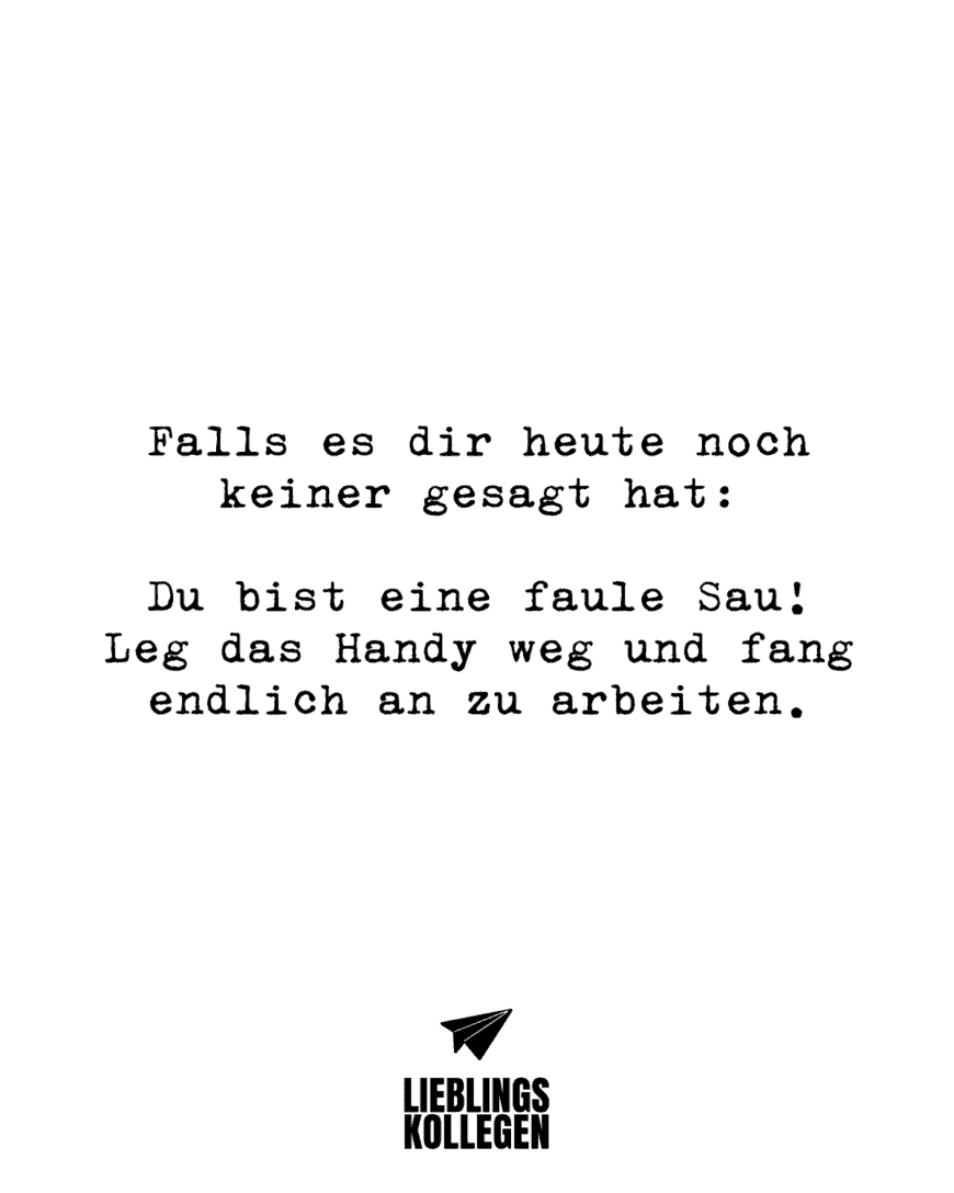 Falls es dir heute noch keiner gesagt hat: Du bist eine faule Sau! Leg das Handy weg und fang endlich an zu arbeiten.