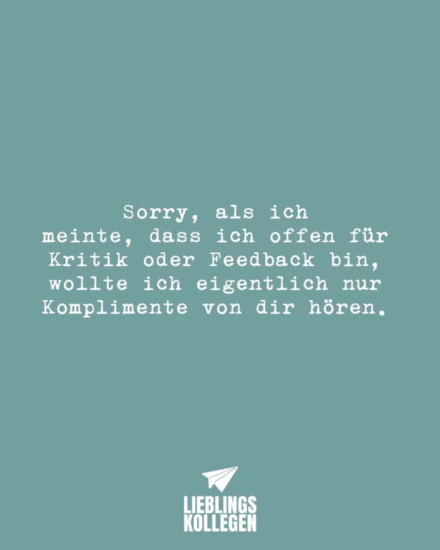 Sorry, als ich meinte, dass ich offen für Kritik oder Feedback bin, wollte ich eigentlich nur Komplimente von dir hören.